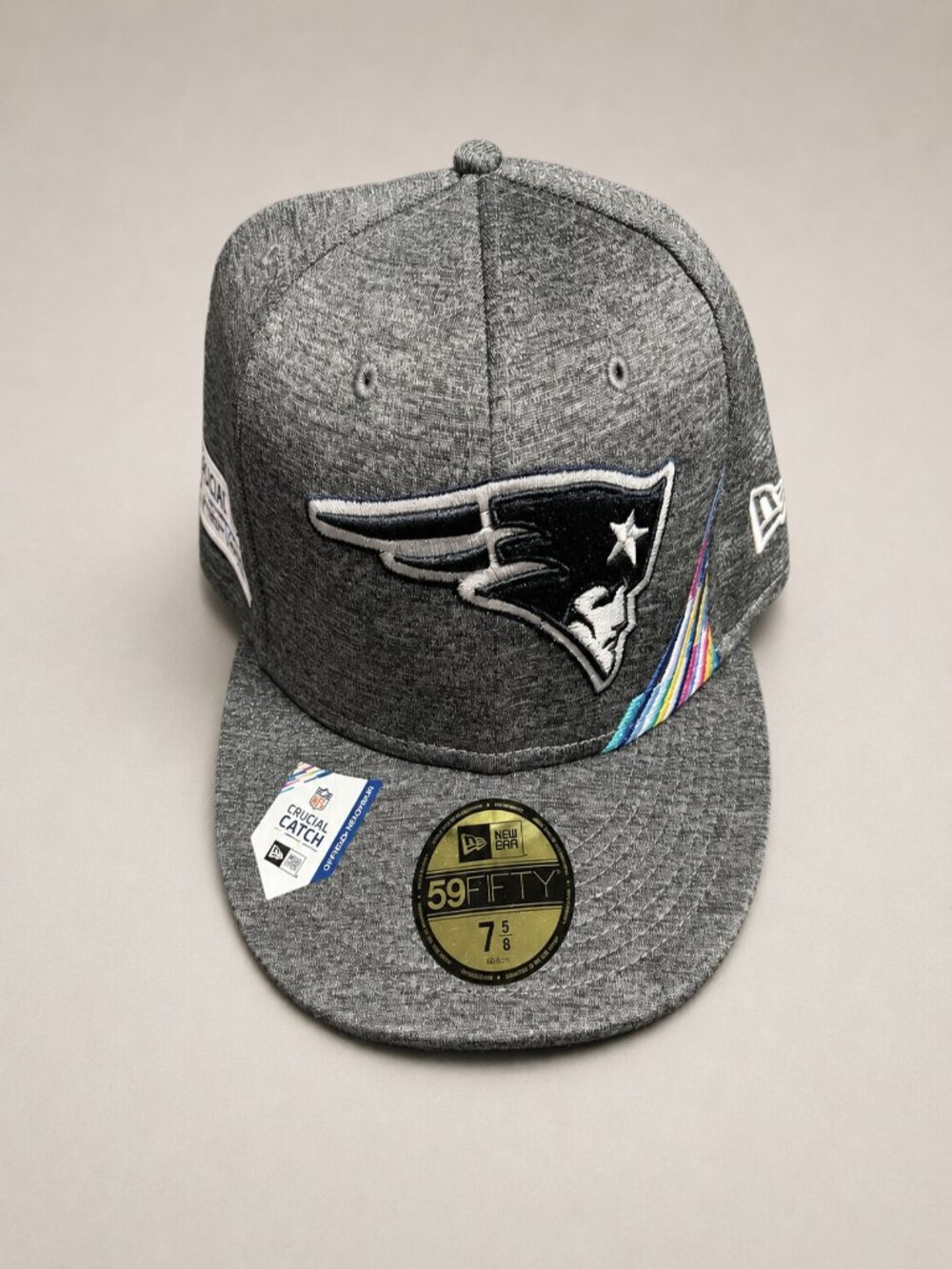 New Era Patriots Crucial Catch 59FIFTY Gray Fitted Hat Size 7 5/8 – NWOT's
